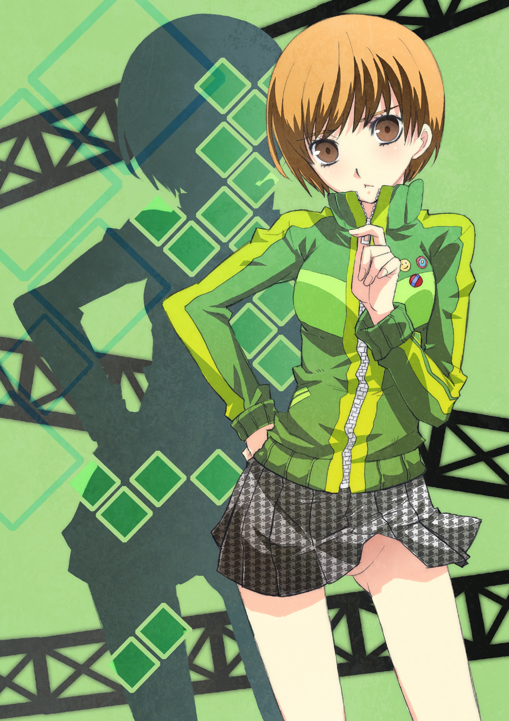 1girl atlus brown_eyes brown_hair contrapposto grey_skirt highres jacket long_sleeves looking_at_viewer miniskirt nagy no_panties persona persona_4 plaid plaid_skirt satonaka_chie short_hair skirt solo standing track_jacket