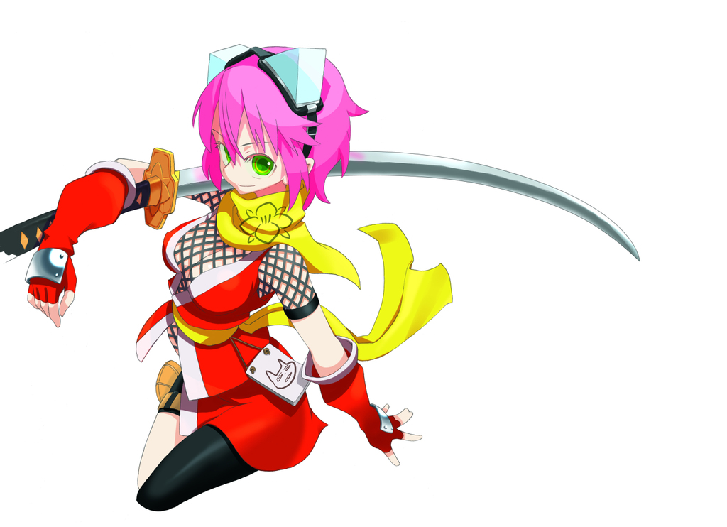 1girl breasts fingerless_gloves fishnets gloves goggles gouma_reifuden_izuna green_eyes izuna katana large_breasts ninja pink_hair scarf short_hair solo sword weapon yoshida_on