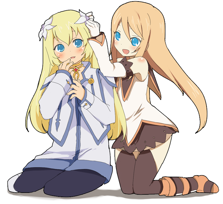 2girls blonde_hair blue_eyes blush boots brown_hair collet_brunel detached_sleeves flower hair_flower hair_ornament kl knee_boots kneeling long_hair marta_lualdi multiple_girls pantyhose sitting tales_of_(series) tales_of_symphonia tales_of_symphonia_knight_of_ratatosk thigh-highs