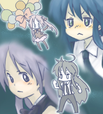 90s ahoge asuka_daiki asuka_daiki_(cosplay) balloon haneoka_meimi haneoka_meimi_(cosplay) hiiragi_kagami hiiragi_tsukasa izumi_konata kaitou_saint_tail lowres lucky_star