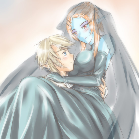 1boy 1girl black_wedding_dress blue_eyes blue_skin blush couple dress elbow_gloves elf gloves good_end hetero link microspace midna midna_(true) nintendo pointy_ears spoilers the_legend_of_zelda the_legend_of_zelda:_twilight_princess wedding wedding_dress