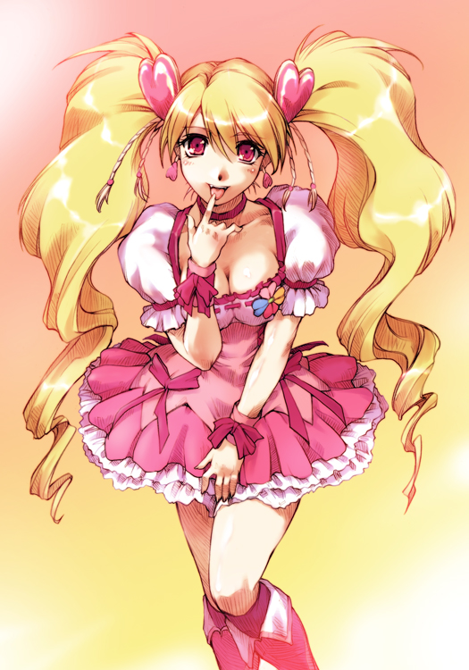 1girl :p blonde_hair boots bow breasts cleavage cure_peach dress fresh_precure! hair_ornament heart heart_hair_ornament hisahiko knee_boots long_hair magical_girl momozono_love pink_boots pink_bow precure red_eyes skirt solo standing tongue tongue_out twintails