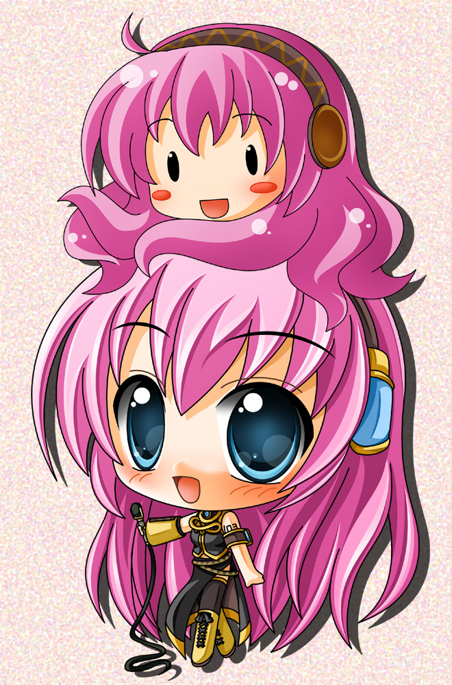 ^_^ ahoge blue_eyes blush boots chibi closed_eyes detached_sleeves hairband headphones long_hair megurine_luka microphone pink_hair shinjitsu skirt takoluka vocaloid