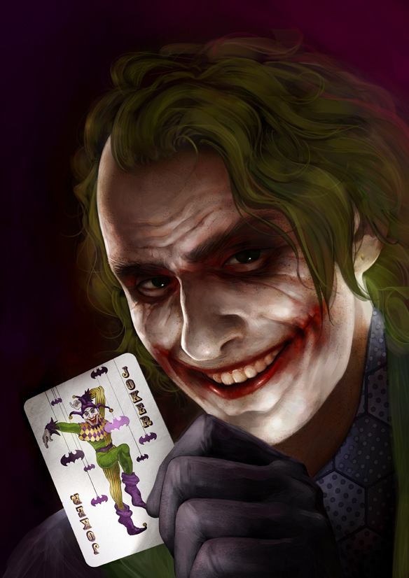 1boy batman_(series) card clown dc_comics glasgow_smile green_hair holding holding_card male_focus pongotown realistic smile solo the_dark_knight the_joker