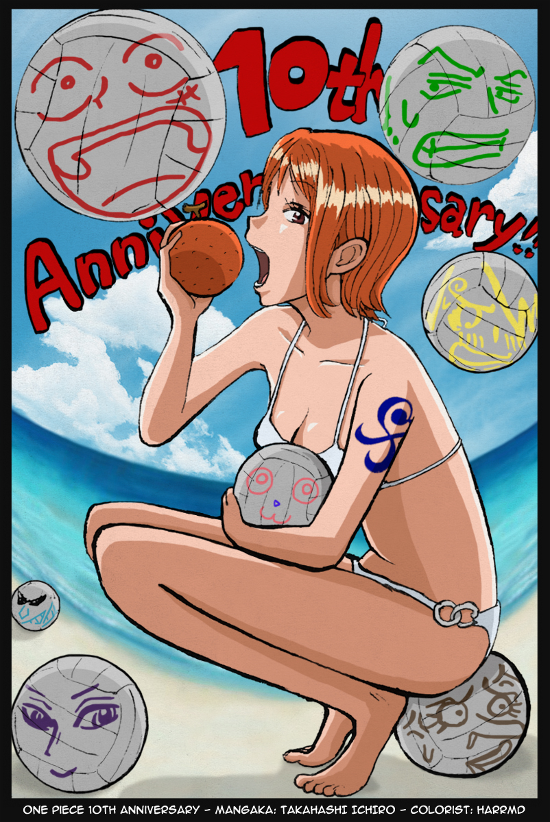 1girl barefoot bikini colored eating female food fruit highres nami_(one_piece) ocean one_piece photoshop sitting solo swimsuit takahashi_ichirou tattoo