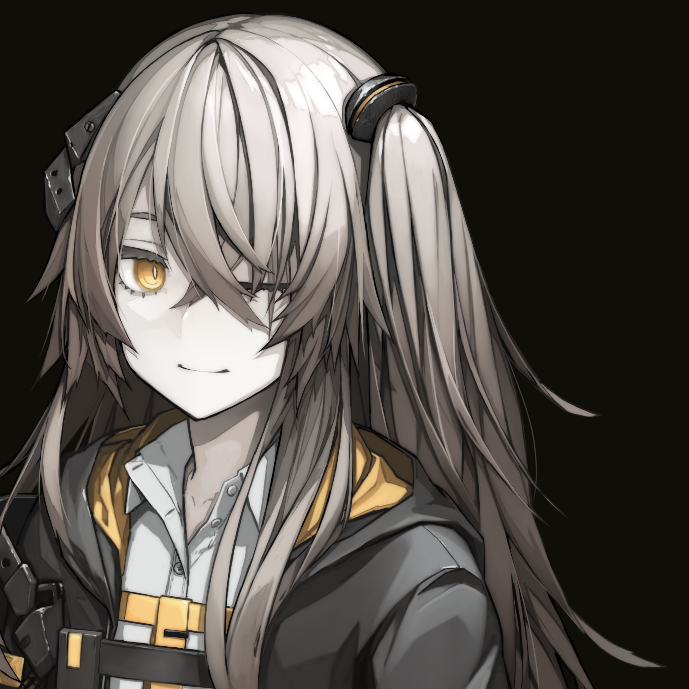 1girl bangs banned_artist black_background black_jacket brown_eyes brown_hair closed_eyes closed_mouth collared_shirt commentary dress_shirt eyebrows_behind_hair girls_frontline hair_over_one_eye hood hood_down hooded_jacket jacket long_hair mikoto_(oi_plus) mod3_(girls'_frontline) one_side_up open_clothes open_jacket scar scar_across_eye shirt simple_background smile solo ump45_(girls'_frontline) upper_body white_shirt