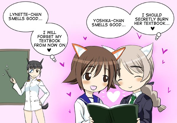 3girls :d ^_^ animal_ears blush book cat_ears chalkboard closed_eyes dog_ears heart long_sleeves lynette_bishop miyafuji_yoshika multiple_girls open_book open_mouth pink_background pointy_ears reading sakamoto_mio smile speech_bubble standing strike_witches talking text translated yuri