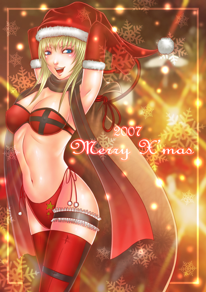 00s 1girl 2007 bad_id bikini blonde_hair blue_eyes breasts christmas cleavage elbow_gloves gloves hat long_hair momoman_(pink_voltage) original red_gloves santa_hat scarf side-tie_bikini solo swimsuit thigh-highs