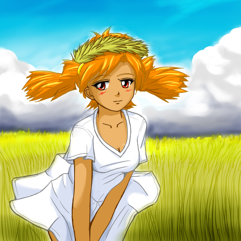1girl 2ch.ru blush breasts cleavage clouds collarbone dress dvach-tan field grass head_wreath huyase lightning_hair looking_at_viewer mascot orange_hair outdoors personification red_eyes russian russian_memes short_sleeves sky smile solo soviet twintails wheat white_dress wreath