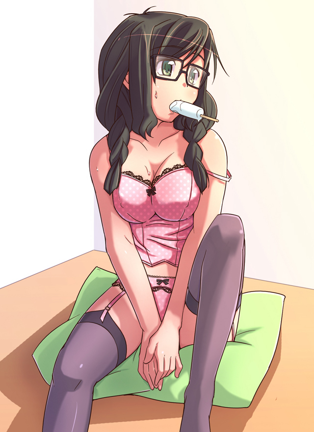 1girl bow bow_panties braid breasts brown_hair bustier camisole e20 glasses green_eyes hair_over_shoulder houzumi_kaede lace lace-trimmed_panties large_breasts lingerie original panties pink_panties polka_dot polka_dot_panties popsicle solo strap_slip thigh-highs twin_braids underwear