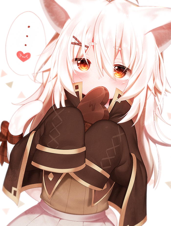 1girl animal_ears capelet cat_ears cat_tail chocolate chocolate_heart heart holding long_hair looking_at_viewer mofuaki orange_eyes original ribbon silver_hair sleeves_past_wrists solo spoken_heart tail tail_ribbon valentine