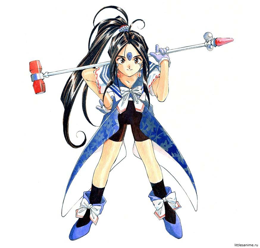 1girl 90s aa_megami-sama black_hair brown_eyes earrings facial_mark forehead_mark fujishima_kousuke gloves hammer jewelry leaning_forward long_hair ponytail skuld smile solo spandex watermark white_background