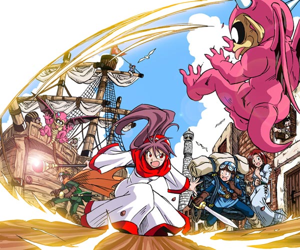 &gt;:o 2girls 6+boys :o :p angry backpack bag bangs barrel battle belt belt_buckle belt_pouch bent_over blonde_hair bodysuit brick_wall chunsoft clouds constricted_pupils day dragon_quest dragon_quest_ii enix fantasy fighting_stance flag floating_hair flying gloves glowing goggles goggles_on_hat gremlin_(dragon_quest) hair_between_eyes hanbu_hantarou holding holding_weapon hood horns leg_warmers legs_apart lens_flare lighthouse long_hair looking_at_another magic monster monster_request multiple_boys multiple_girls outdoors outstretched_arms pink_skin pouch prince_of_lorasia prince_of_samantoria princess_of_moonbrook purple_hair rapier red_eyes redhead robe scabbard sheath sheathed ship short_hair sky spiky_hair spread_arms staff standing surprised sword tail tongue tongue_out town unsheathing watercraft weapon wings