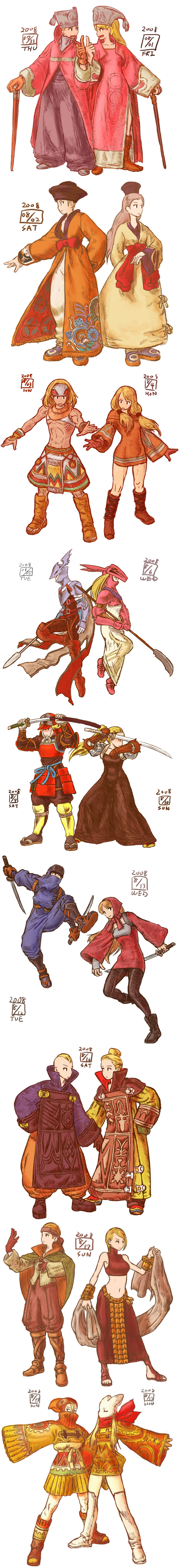 00s 2008 6+boys 6+girls absurdres arithmetician_(fft) armor bard_(fft) bare_shoulders blonde_hair breastplate brown_gloves collarbone dancer_(fft) dated dragoon_(fft) dragoon_(final_fantasy) dress final_fantasy final_fantasy_tactics full_armor full_body gauntlets geomancer_(fft) gloves helmet highres ikeda_(cpt) long_hair long_image looking_afar midriff mime_(fft) multiple_boys multiple_girls muscle mystic_(fft) navel ninja_(fft) orator_(fft) outstretched_arm pink_hair red_dress robe samurai_(fft) simple_background spread_fingers standing stomach tall_image tassel walking_stick white_background
