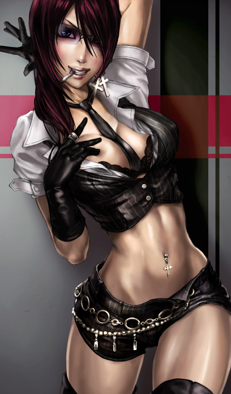 1girl between_breasts blue_eyes bra breasts cigarette cleavage cross curvy earrings gloves hair_over_one_eye jewelry lingerie long_hair midriff mouth_hold navel navel_piercing necktie open_clothes open_shirt original piercing redhead sadakage shirt skirt smoking solo sunglasses thigh-highs underwear