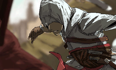 1boy altair_ibn_la-ahad assassin assassin's_creed assassin's_creed_(series) gloves hood knife lowres male_focus oekaki robe solo tanu vambraces weapon