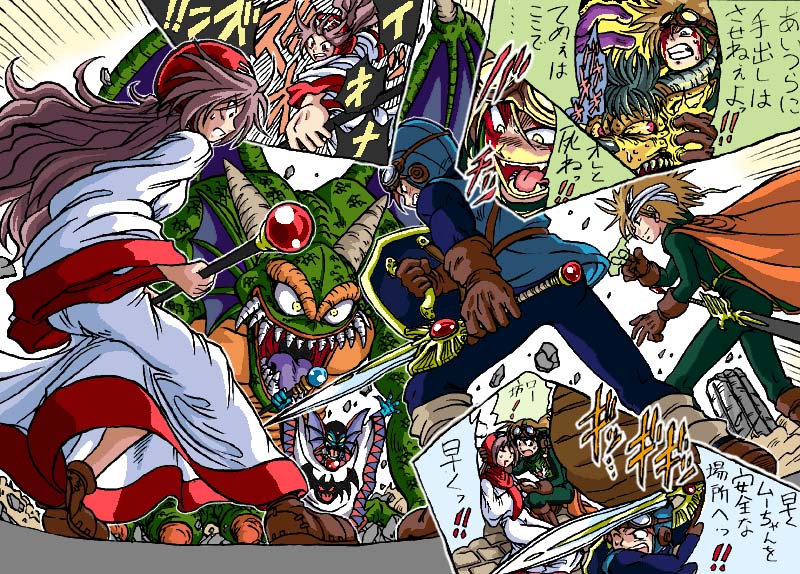 &gt;:d 1girl 2boys :d ankle_boots battle belial_(dragon_quest) belt blonde_hair blood blood_on_face blue_skin bodysuit boots cape chunsoft clenched_teeth debris dragon dragon_quest dragon_quest_ii enix evil_smile fantasy gem gloves goggles goggles_on_hat green_skin hanbu_hantarou hand_holding hand_on_another's_head hargon head_wings holding holding_staff holding_sword holding_weapon hood horns leg_warmers long_hair long_sleeves monster monster_request motion_lines multiple_boys one_eye_closed open_mouth outline pink_eyes prince_of_lorasia prince_of_samantoria princess_of_moonbrook purple_hair robe sharp_teeth shield short_hair sidoh smile smirk speech_bubble speed_lines spiky_hair staff sweatdrop sword tabard teeth translation_request tunic very_long_hair wavy_hair weapon wide_sleeves wince wings yellow_eyes yellow_sclera