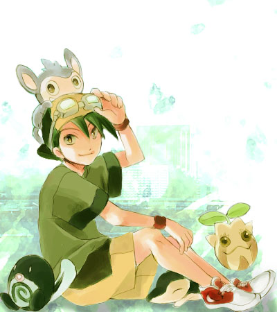 1boy aipom black_hair creature cyndaquil from_side full_body goggles goggles_on_head gold_(pokemon) hat leaf looking_at_viewer lowres outdoors plant pokemon pokemon_special poliwag shoes shorts sitting sneakers sunkern