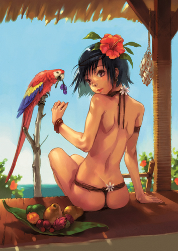 1girl ass bird black_hair brown_eyes flower food from_behind fruit hair_flower hair_ornament hibiscus looking_back lowres macaw mouth_hold nishimura_eri nude original parrot scarlet_macaw short_hair sitting sky solo topless