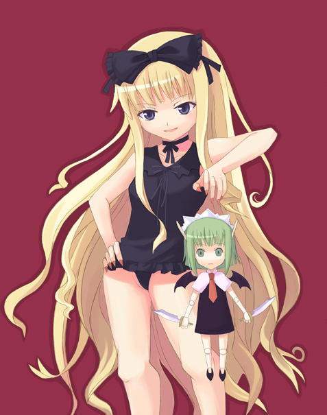 2girls armpits bangs bare_shoulders blonde_hair blue_eyes blunt_bangs casual_one-piece_swimsuit chachazero contrapposto doll evangeline_a_k_mcdowell hand_on_hip holding long_hair mahou_sensei_negima! multiple_girls one-piece_swimsuit red_background simple_background standing string swimsuit vampire very_long_hair