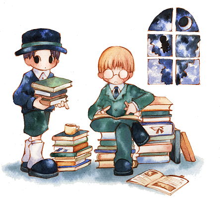 2boys book book_stack child full_body glasses hat indoors jeff_andonuts kneehighs lowres male_focus mother_(game) mother_2 multiple_boys open_book shorts sky tony_(mother_2) window