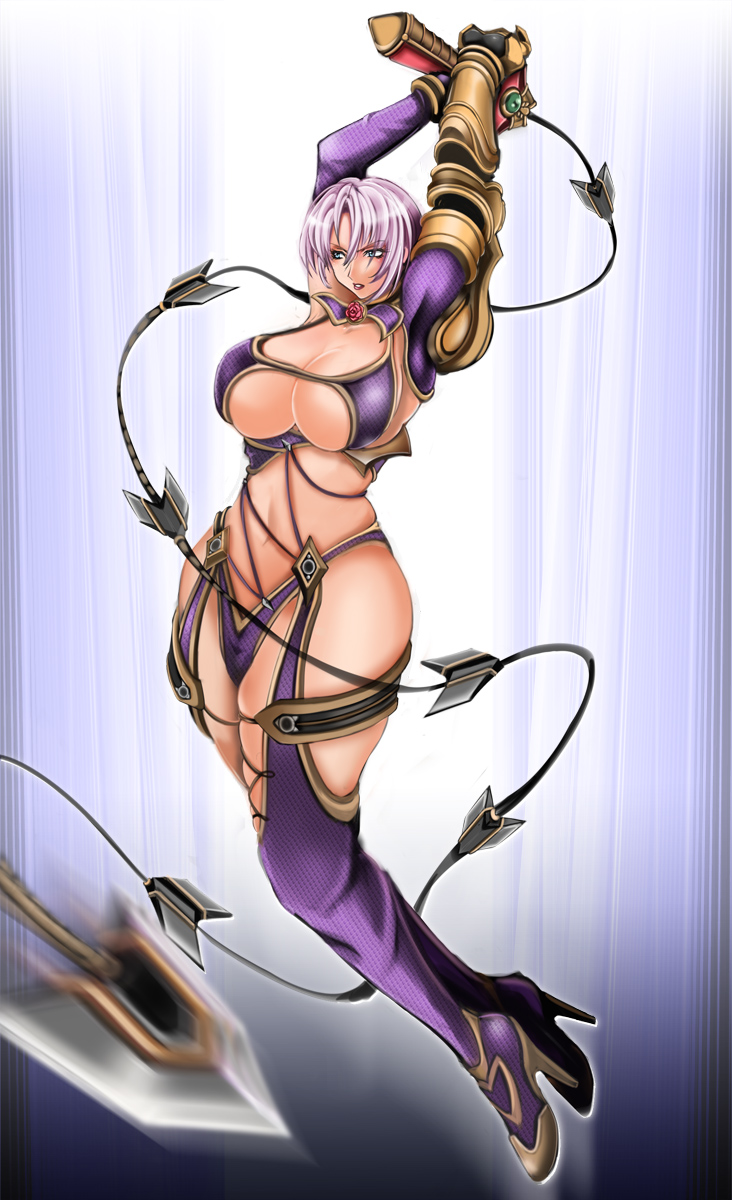1041_(toshikazu) 1girl blue_eyes boots breasts cleavage curvy female high_heels highres hips huge_breasts isabella_valentine midriff revealing_clothes shoes short_hair sideboob solo soul_calibur soulcalibur_iv sword under_boob weapon whip whip_sword white_hair wide_hips
