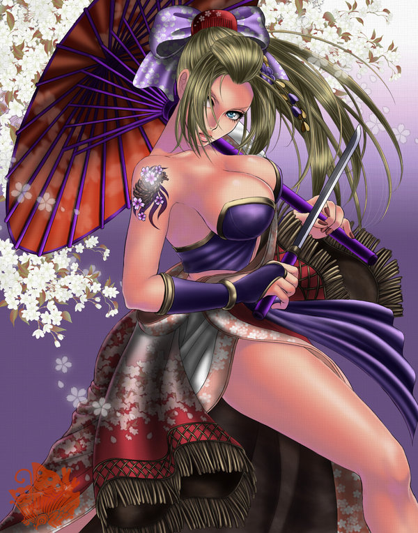 1girl blonde_hair blue_eyes bow breasts cleavage floral_background hair_bow large_breasts legs long_hair long_legs looking_at_viewer nail_polish setsuka sideboob solo soul_calibur soulcalibur soulcalibur_iv sword tattoo thick_thighs thighs umbrella watermark weapon xuexue_yue_hua