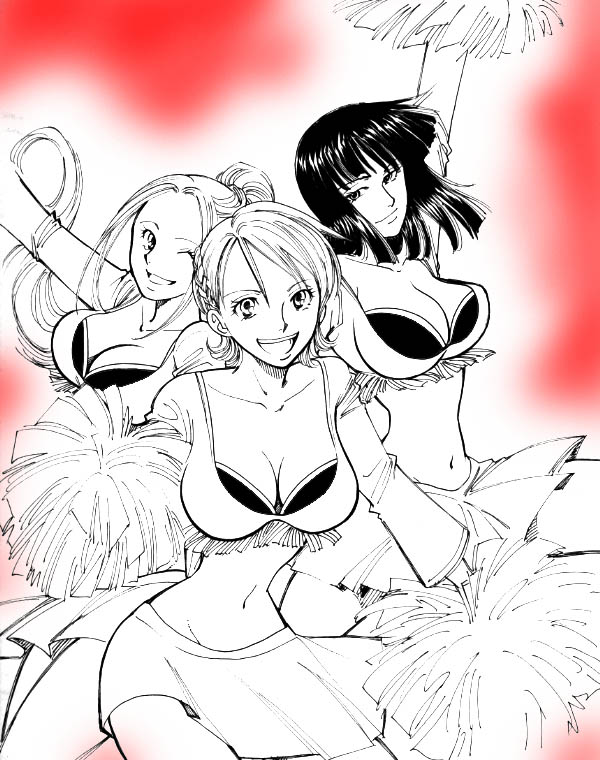 3girls alternate_costume breasts chabudai cheerleader cleavage cosplay female large_breasts long_hair midriff monochrome multiple_girls nami_(one_piece) nefertari_vivi nico_robin one_piece osu!_tatakae!_ouendan ouendan short_hair smile tattoo tri