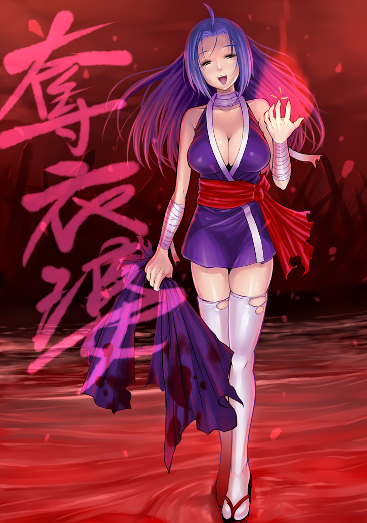 1girl bandage blood blue_hair breasts cleavage hidebou idolmaster long_hair miura_azusa ninja sandals solo thigh-highs torn_clothes torn_thighhighs translation_request zettai_ryouiki