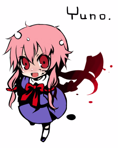 1girl axe blood chibi gasai_yuno hatchet lowres mirai_nikki pink_hair red_eyes ribbon school_uniform serafuku solo weapon yandere