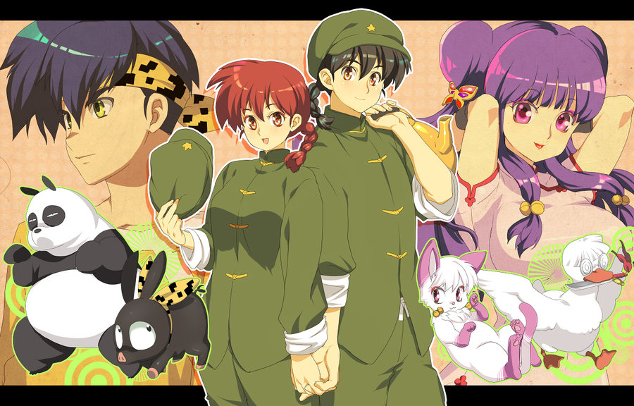 2boys 2girls bird braid cat china_dress chinese_clothes dress dual_persona duck genderswap gimei hibiki_ryouga kettle knife mousse mousse_(duck) multiple_boys multiple_girls panda pig ranma-chan ranma_1/2 redhead saotome_genma saotome_ranma shampoo_(ranma_1/2) single_braid