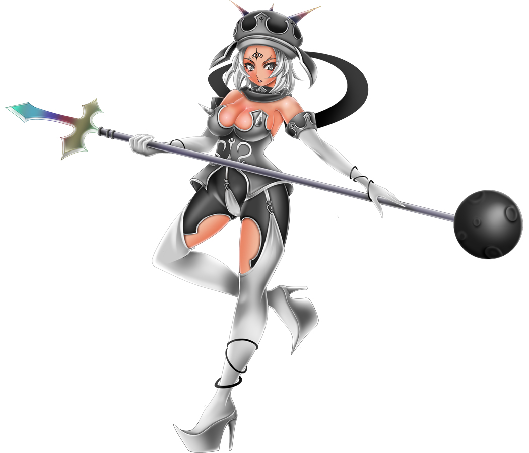 1041_(toshikazu) 1girl angol_fear armor bare_shoulders breast_spikes breasts cross elbow_gloves gloves hat high_heels keroro_gunsou polearm shoes short_hair solo soul_calibur soulcalibur soulcalibur_iv stiletto_heels thigh-highs weapon white_eyes white_hair