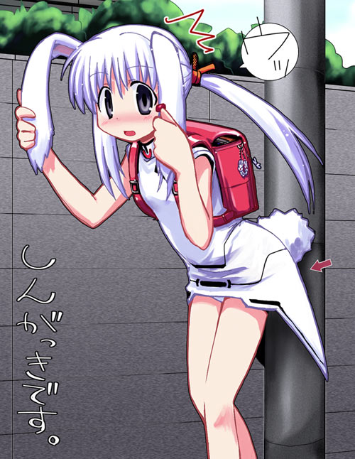1girl animal_ears backpack bag black_eyes blush bound bunny_tail china_dress chinese_clothes directional_arrow dress ear_pull grey_eyes leaning_forward long_hair looking_at_viewer original outdoors panties pantyshot rabbit_ears randoseru solo street tail telephone_pole tied_up translated twintails underwear usa_(yamai) wall white_hair white_panties yamai