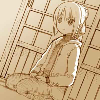 1girl casual fate/stay_night fate_(series) lowres monochrome saber sepia solo st_parasu
