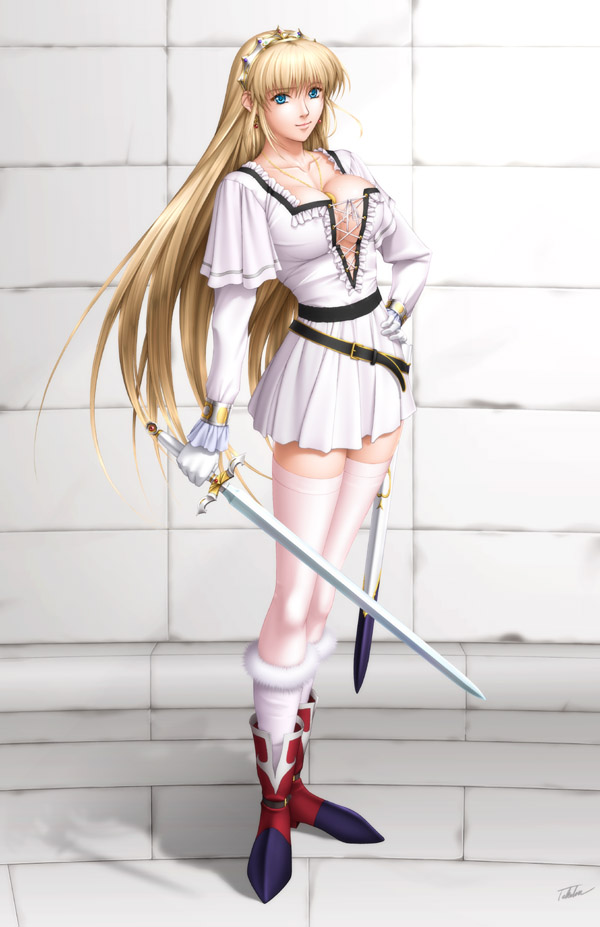 1girl artist_name belt between_breasts blonde_hair blue_eyes blush boots breasts collarbone earrings female hand_on_hip jewelry large_breasts long_hair looking_at_viewer pendant shadow sharon smile solo standing sword takatan thigh-highs uniform weapon words_worth zettai_ryouiki