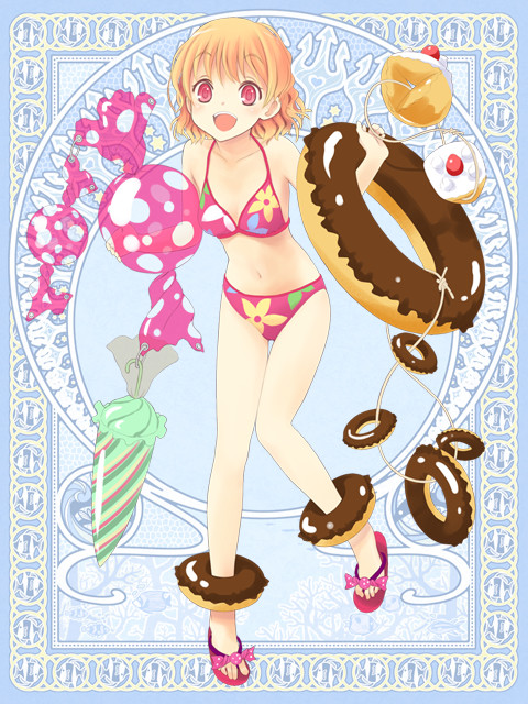 1girl bikini blonde_hair candy doughnut food red_eyes sandals silver_rain solo swimsuit toshiya umbrella