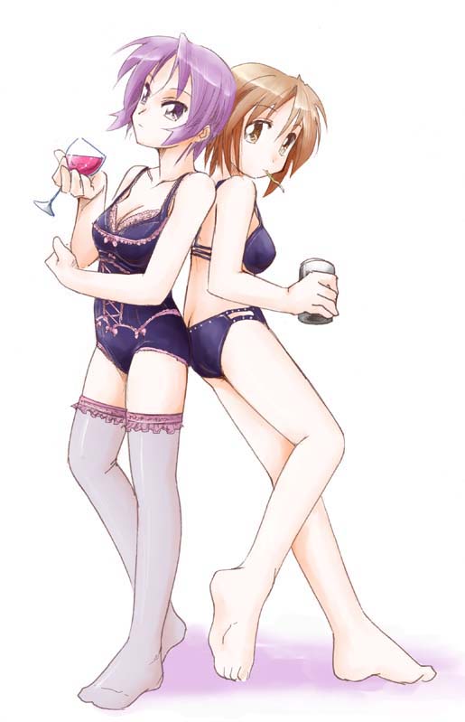 2girls alcohol back-to-back barefoot bra cupping_glass feet hiiragi_inori hiiragi_matsuri jason_(kaiten_kussaku_kikou) lingerie lucky_star mouth_hold multiple_girls panties siblings sisters teddy thigh-highs underwear underwear_only wine