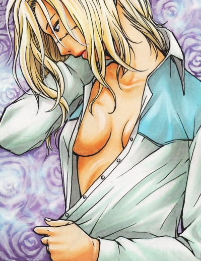 1girl blonde_hair breasts elza female gensou_suikoden gensou_suikoden_ii gensou_suikogaiden kkotoya open_clothes open_shirt scar shirt short_hair solo undressing