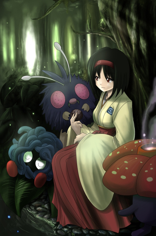 00s 1girl black_hair brown_eyes erika_(pokemon) forest gym_leader hairband hakama japanese_clothes nature pokemon pokemon_(creature) pokemon_(game) pokemon_frlg red_hakama short_hair tangela venonat vileplume