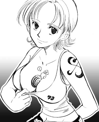 1girl between_breasts breasts chabudai cleavage den_den_mushi downblouse female large_breasts lowres monochrome nami_(one_piece) one_piece shirt_pull short_hair smile snail solo tattoo