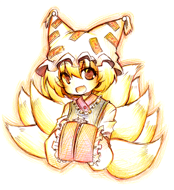 1girl bad_id blonde_hair colored_pencil_(medium) fang female fox_tail hands_in_sleeves hat kiri_futoshi long_sleeves multiple_tails open_mouth pillow_hat short_hair solo tail tassel touhou traditional_media white_background wide_sleeves yakumo_ran