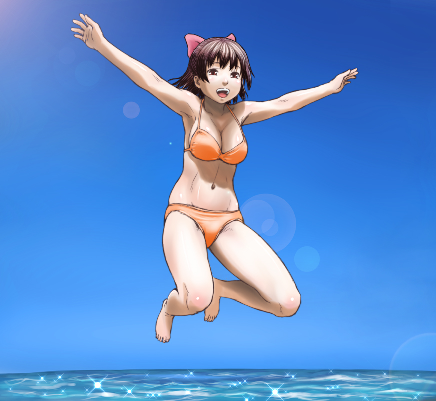 1girl :d aoi_minamo armpits barefoot bikini bow breasts brown_eyes brown_hair cleavage jumping lens_flare minazuki_tsuyuha open_mouth orange_bikini outstretched_arms pink_bow real_drive short_hair smile solo spread_arms swimsuit water