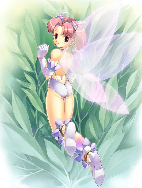 1girl bare_shoulders fairy flying foreshortening gloves looking_back minigirl nature original pink_hair smile solo twintails uchiu_kazuma wings