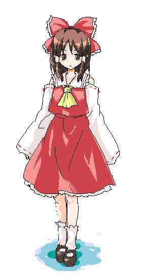 1girl ascot bow brown_eyes brown_hair detached_sleeves female hair_tubes hakurei_reimu long_hair nontraditional_miko oekaki ribbon-trimmed_sleeves ribbon_trim shikai shikai_(iesiki_56) shoes skirt socks solo standing touhou wide_sleeves