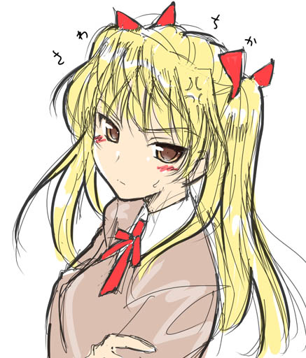 1girl akata_itsuki angry blonde_hair blush bow brown_eyes closed_mouth expressionless female hair_bow hair_ribbon looking_at_viewer puffy_short_sleeves puffy_sleeves red_ribbon ribbon sawachika_eri school_rumble school_uniform serafuku short_sleeves sidelocks simple_background sketch solo sweatdrop twintails upper_body white_background