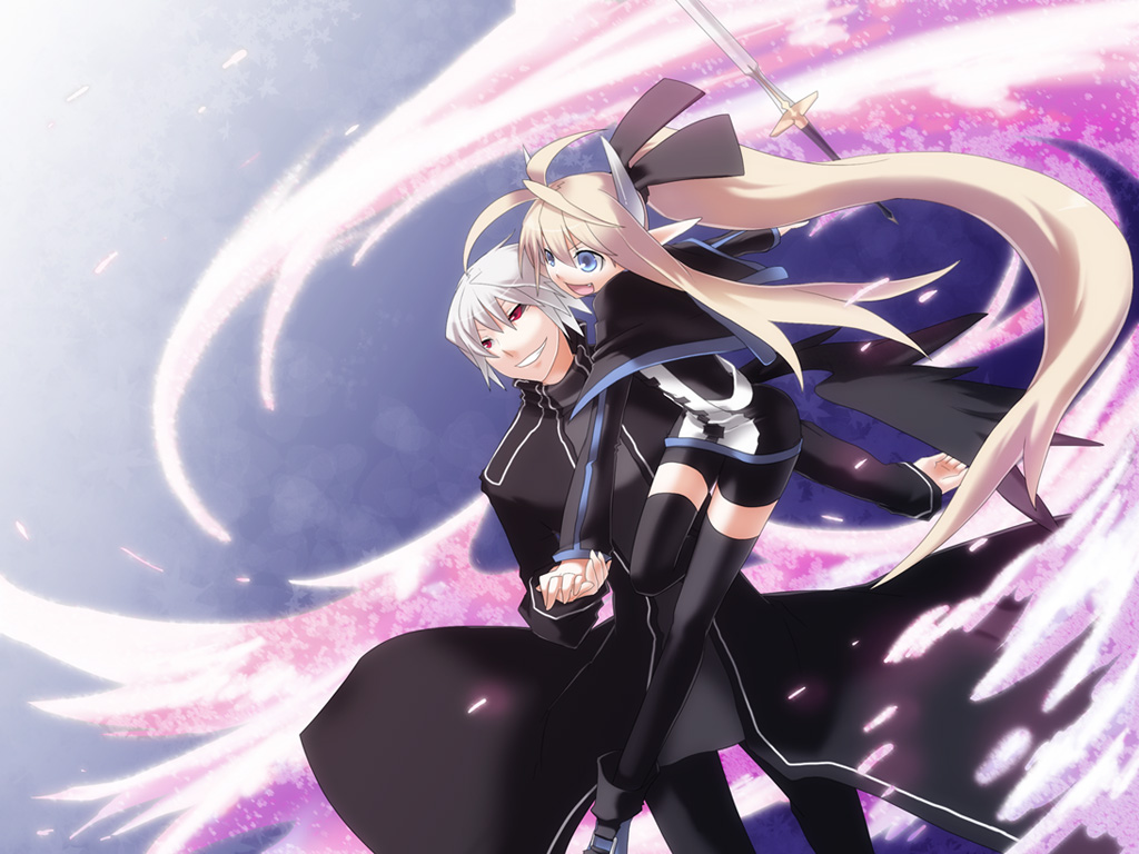 1boy 1girl ankle_boots antenna_hair black_legwear black_ribbon blonde_hair blush boots capelet coat fang full_body grin hair_ribbon hand_holding holding kurose kuze_(ira) leg_up looking_at_viewer original outstretched_arm pointy_ears red_eyes ribbon shorts smile sparkle standing_on_one_leg teeth thigh-highs twintails zettai_ryouiki