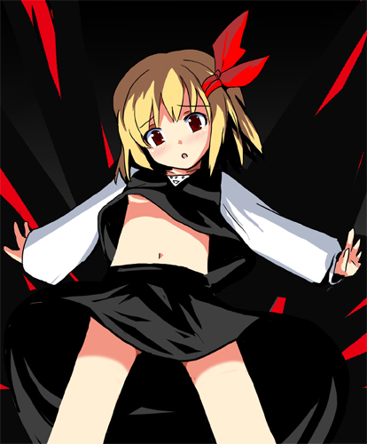 1girl bad_id blonde_hair blush breasts favfavver2 female hair_ribbon lowres midriff outstretched_arms red_eyes ribbon rumia short_hair small_breasts solo spread_arms the_embodiment_of_scarlet_devil touhou under_boob upshirt youkai