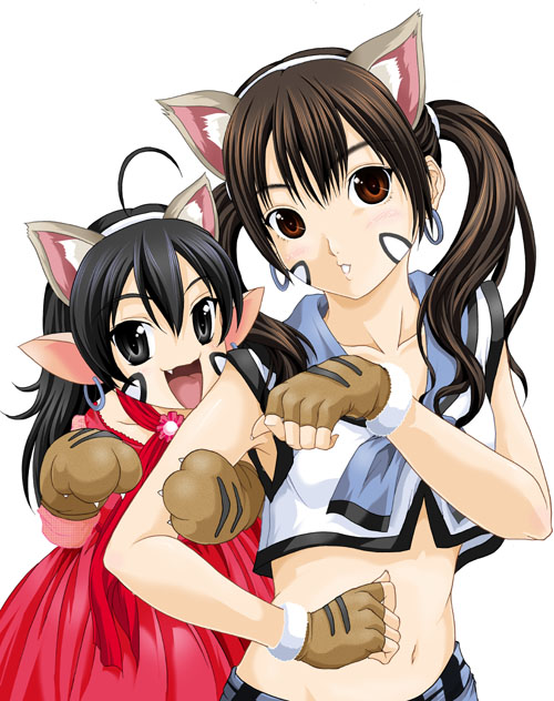 2girls animal_ears bangs black_eyes black_hair brown_eyes brown_hair cat_ears crop_top dress earrings facial_mark fang fingerless_gloves gloves hairband jewelry locked_arms looking_at_viewer map_(artist) map_(blue_catty) midriff multiple_girls navel paw_gloves pointy_ears red_dress sailor_collar simple_background sleeveless twintails white_background