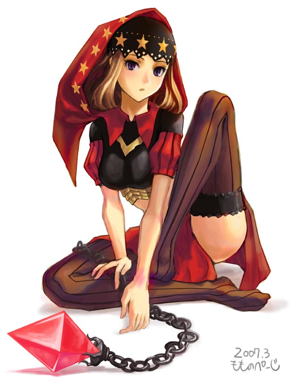 00s 1girl 2007 blonde_hair blush chains crop_top crystal full_body hood lace_trim long_hair looking_at_viewer midriff momose_hisashi no_shoes odin_sphere parted_lips short_sleeves simple_background sitting skirt solo star star_print striped striped_legwear thigh-highs thigh_strap upskirt velvet_(odin_sphere) vertical-striped_legwear vertical_stripes violet_eyes white_background