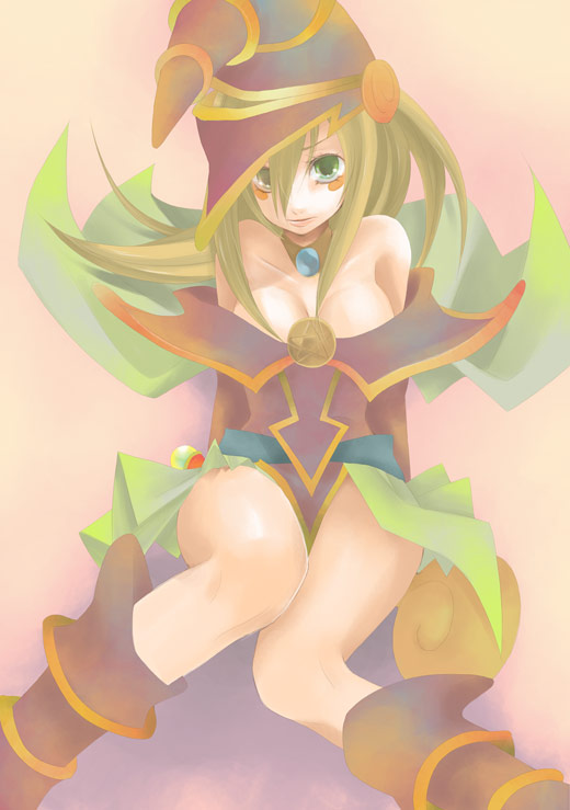 1girl blonde_hair blush boots breasts dark_magician_girl detached_sleeves duel_monster green_eyes hat long_hair pentacle solo witch_hat wizard_hat yu-gi-oh! yuu-gi-ou_duel_monsters yuuko_(elmo)